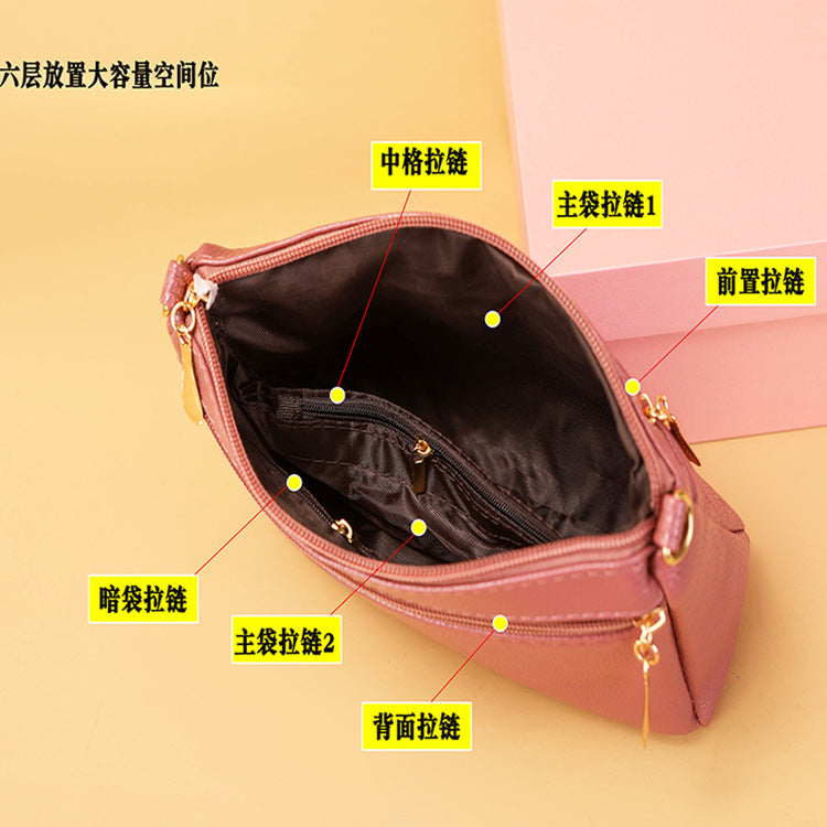 Soft leather bag women's 2023 autumn new shoulder small bag fashion multi-layer large capacity casual lychee pattern crossbody bag 