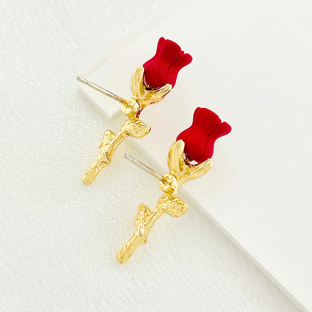 Mori literature and art design elegant pastoral style retro rose earrings fashion three-dimensional versatile spray paint flower earrings 