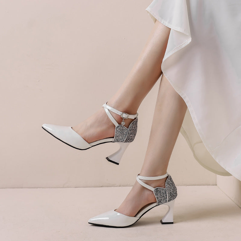 High-heeled sandals women's 2023 fashion cross strap thick heel pointed toe hollow dance single shoes splicing sequins sweet style 