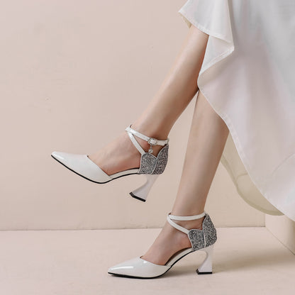 High-heeled sandals women's 2023 fashion cross strap thick heel pointed toe hollow dance single shoes splicing sequins sweet style 