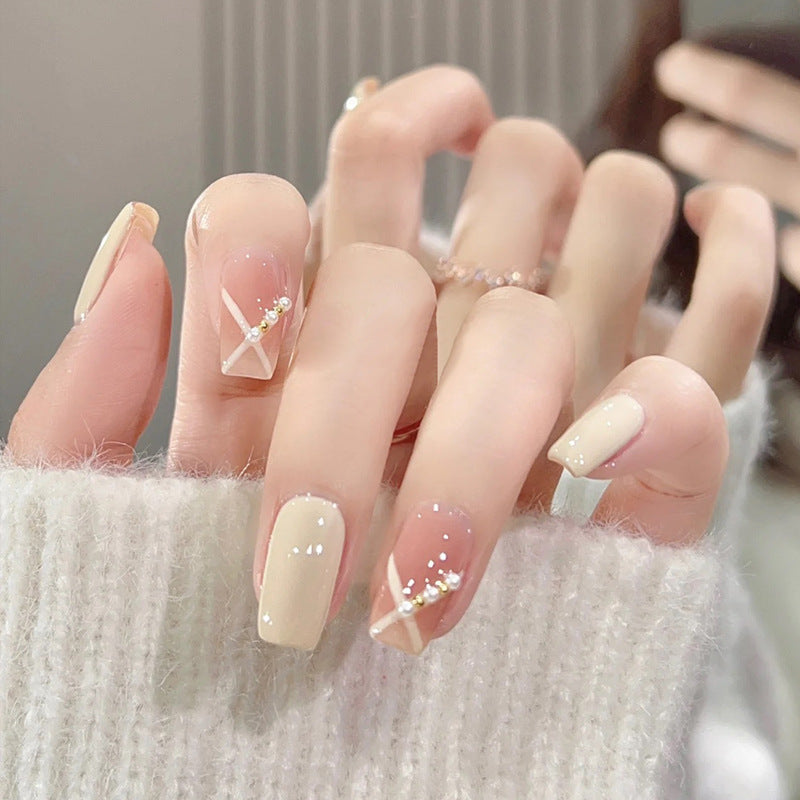 Xiaohongshu hot style wearable nails wholesale short style French blush manicure stickers finished nail stickers jelly glue 