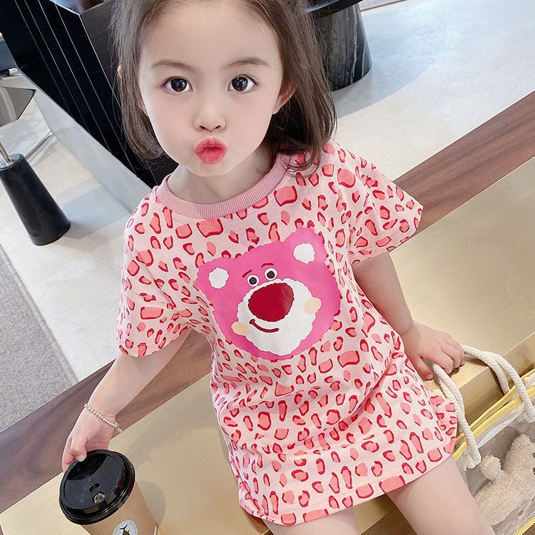 2023 spring and summer new girls pink leopard print bear mid-length T-shirt dress children's cartoon short-sleeved dress 