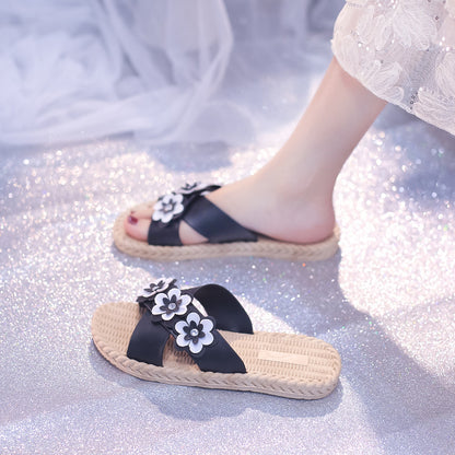 2022 new flower summer one-word slippers women's outerwear fashion Korean version wear-resistant non-slip ladies flat sandals and slippers 