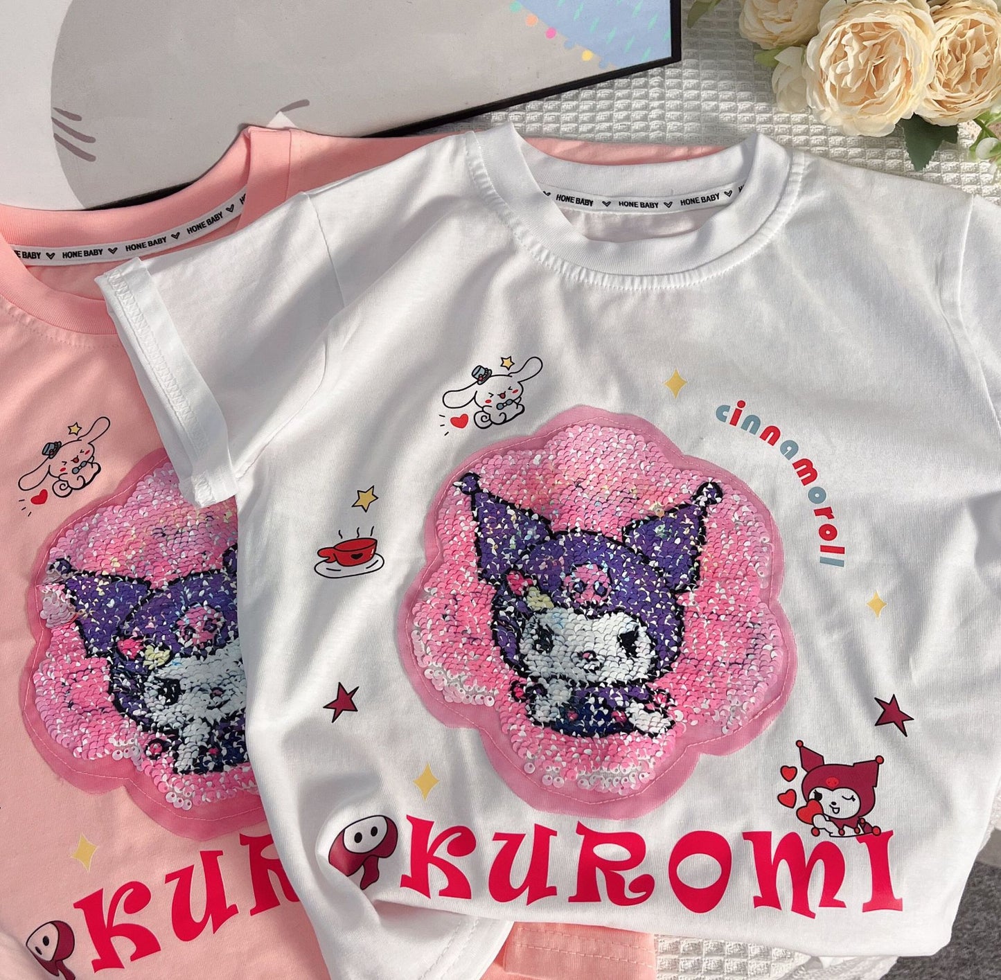 2023 Girls Summer Short-Sleeved Cute Cartoon Sequined Beaded Round Neck Fashionable Personalized Versatile Trendy Tops for Middle and Large Children 