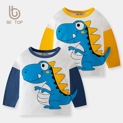 2024 new children's autumn cartoon dinosaur boy clothes pure cotton long-sleeved T-shirt baby round neck top