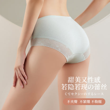 Cotton underwear women's mid-waist seamless large size silk antibacterial crotch sweet lace girls briefs head wholesale 