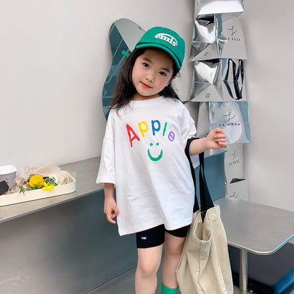 Korean children's clothing 2024 summer new small and medium-sized children's colorful smiley face letters loose short-sleeved T-shirt half-sleeved bottoming shirt 