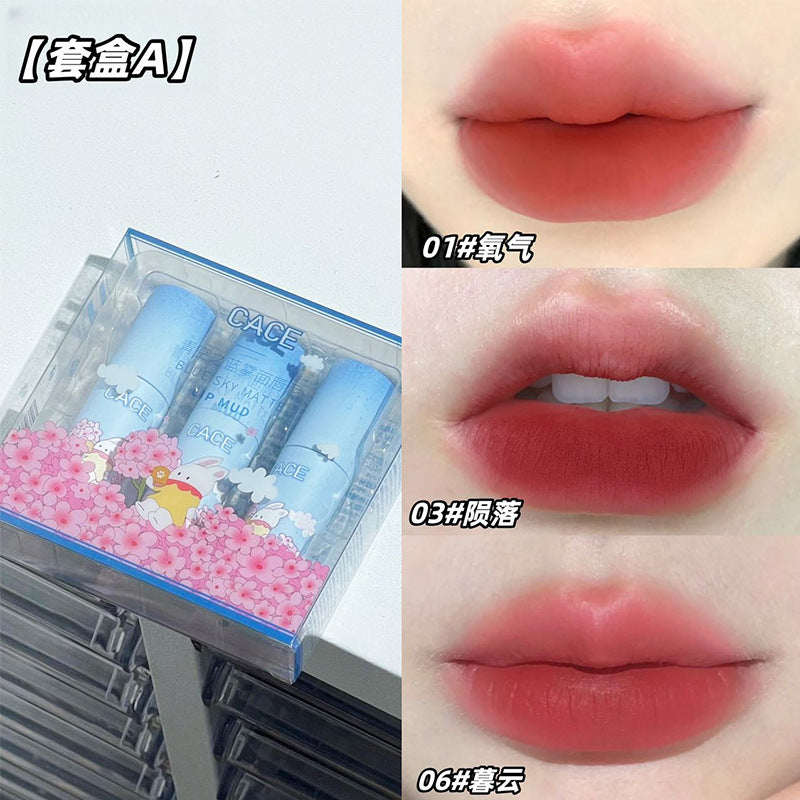 CACE Blue Sky Blue Matte Lip Mud Anime Style Bunny Lip Glaze Student Three-Piece Blue Set Wholesale 