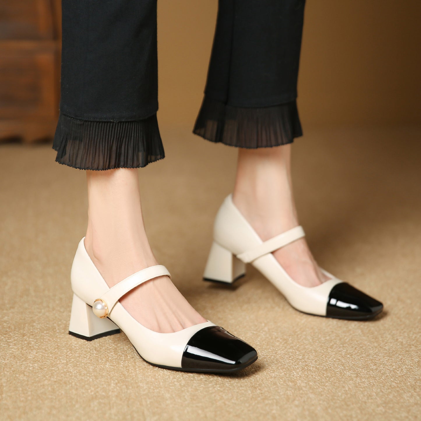 3337-21 French color matching Mary Jane single shoes thick heel new square toe mid-heel shoes with one word belt women's shoes 