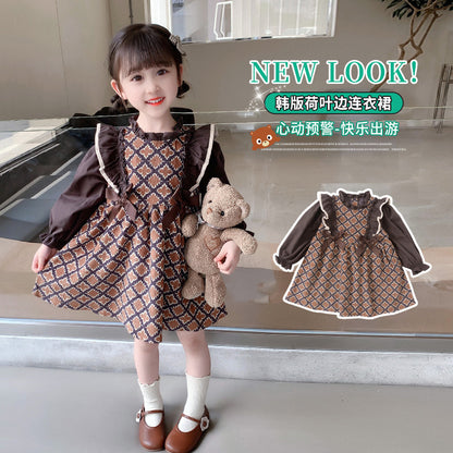 2023 Spring and Autumn New Girls' Dresses Retro Ruffles Medium and Large Children's Style Skirts Children's Clothes Bow Girls 