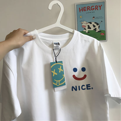 Loose short-sleeved t-shirt women 2023 summer new all-match round neck smiley print top white half-sleeve T-shirt tide 