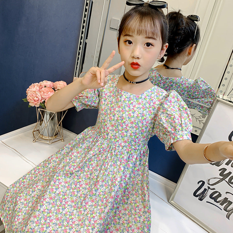 2024 Summer Girls French Puff Sleeve New Style Dress Square Neck Floral Cotton Skirt Short Sleeve Pastoral Slim Trend 