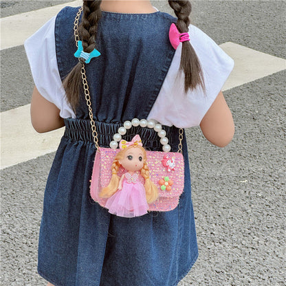 ကလေးအိတ်ဖက်ရှင်ပုလဲလက်ကိုင်အိတ်အသစ် Cartoon Doll Shoulder Bag Girls Chain Crossbody Bag လက်ကား 