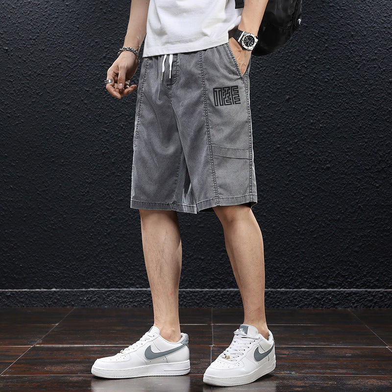 Summer ice silk thin casual shorts men's loose straight sports tooling five-point pants tencel non-ironing quick-drying pants 