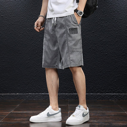 Summer ice silk thin casual shorts men's loose straight sports tooling five-point pants tencel non-ironing quick-drying pants 