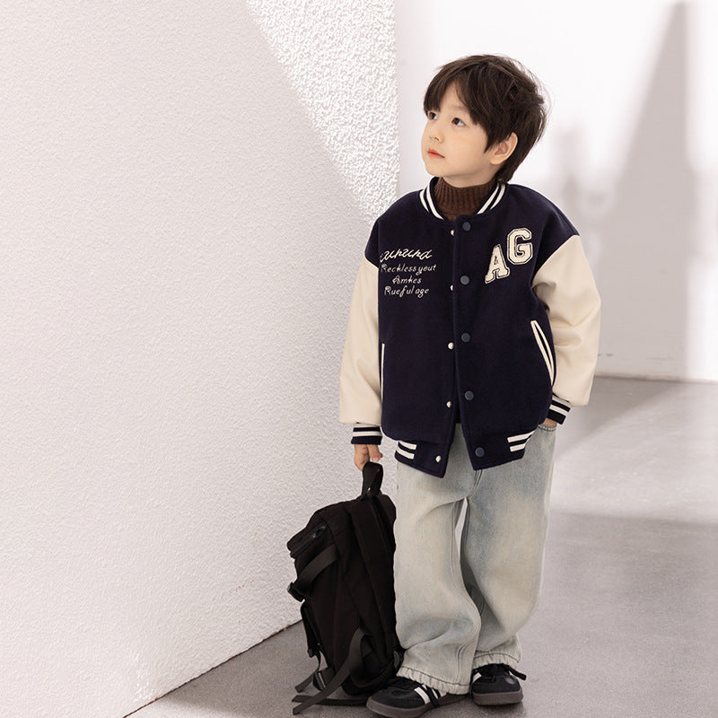 Amo Baby Children's 2023 Winter Thickened Padded Patch Letter Jacket Baby Splicing PU Sleeve Baseball Cotton Jacket 