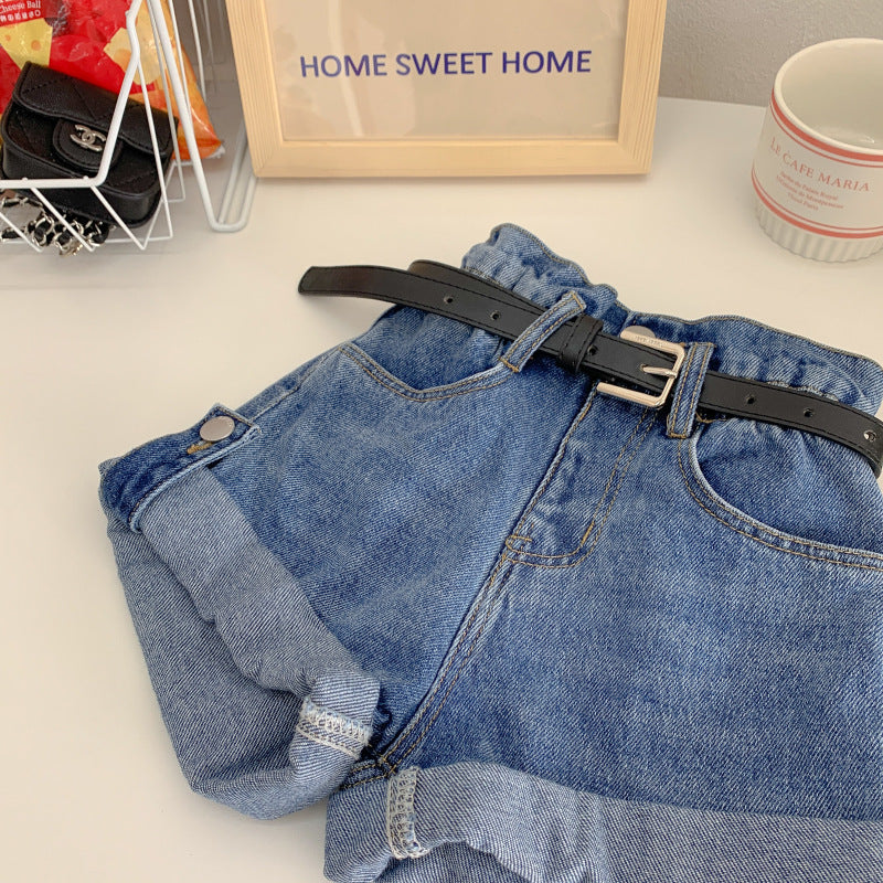 Korean children's clothing 2024 summer new small and medium-sized children's girls pants denim shorts casual pants solid color ins shorts 