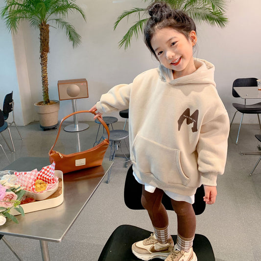 Korean children's clothing 2022 winter new Korean version children's velvet sweater jacket boys and girls hooded printed jacket trendy 