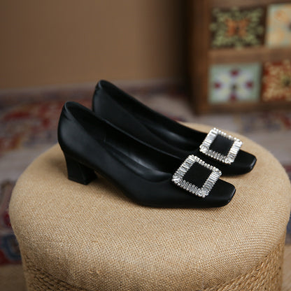 A610-2 Square Buckle Rhinestone Shallow Mouth Thick Heel Shoes Korean Style Sardine Square Toe Medium Heel Shoes Spring Style Professional Fashion Women's Shoes 