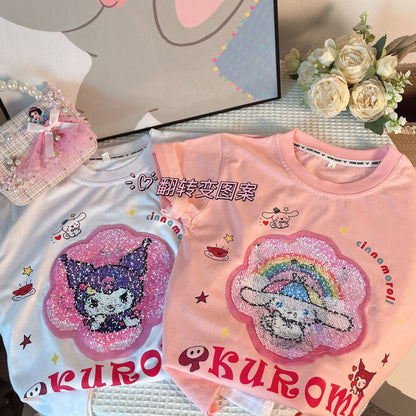 2023 Girls Summer Short-Sleeved Cute Cartoon Sequined Beaded Round Neck Fashionable Personalized Versatile Trendy Tops for Middle and Large Children 