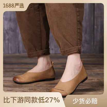 Simple retro literary and artistic leather grandma shoes 2023 summer casual all-match mother shoes comfortable soft bottom four seasons single shoes 