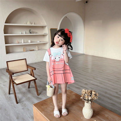 2023 Spring and Autumn New Style Children's Baby Girl Cartoon Print Fake Two-piece Dress Fashionable and Trendy 