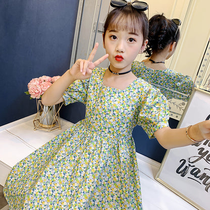 2024 Summer Girls French Puff Sleeve New Style Dress Square Neck Floral Cotton Skirt Short Sleeve Pastoral Slim Trend 