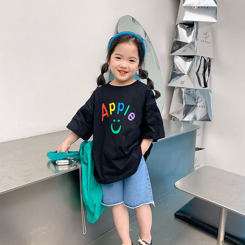 Korean children's clothing 2024 summer new small and medium-sized children's colorful smiley face letters loose short-sleeved T-shirt half-sleeved bottoming shirt 