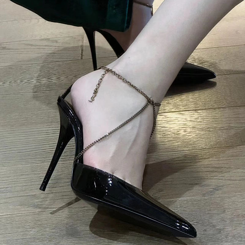 High heels sandals female stiletto fashion sexy black bag pointed toe French strap chain single shoes high heels 