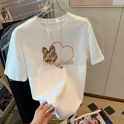 2023 new front shoulder hot style pure cotton short-sleeved T-shirt women's simple casual fashion all-match white top spring and summer 