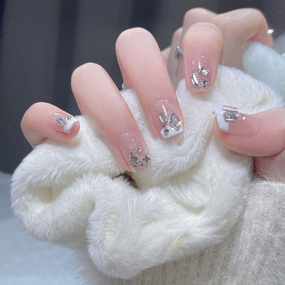 Handmade manicure wholesale short style ice transparent star diamond chain manicure patch nail patch finished white glitter nail patch 