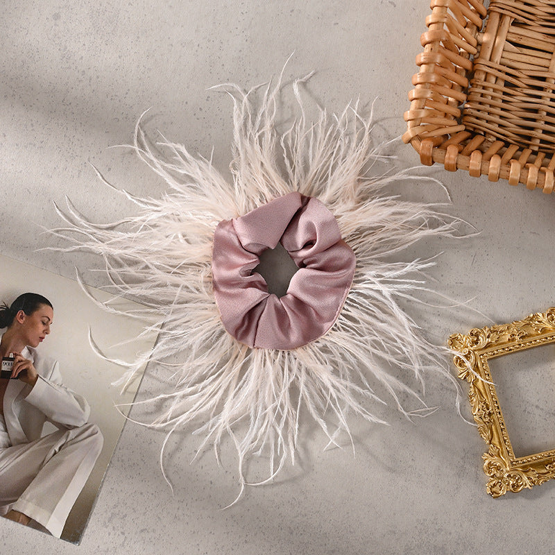 Korean high-end niche ostrich feather large intestine hair ring satin headband hair ring pig intestine black free shipping 