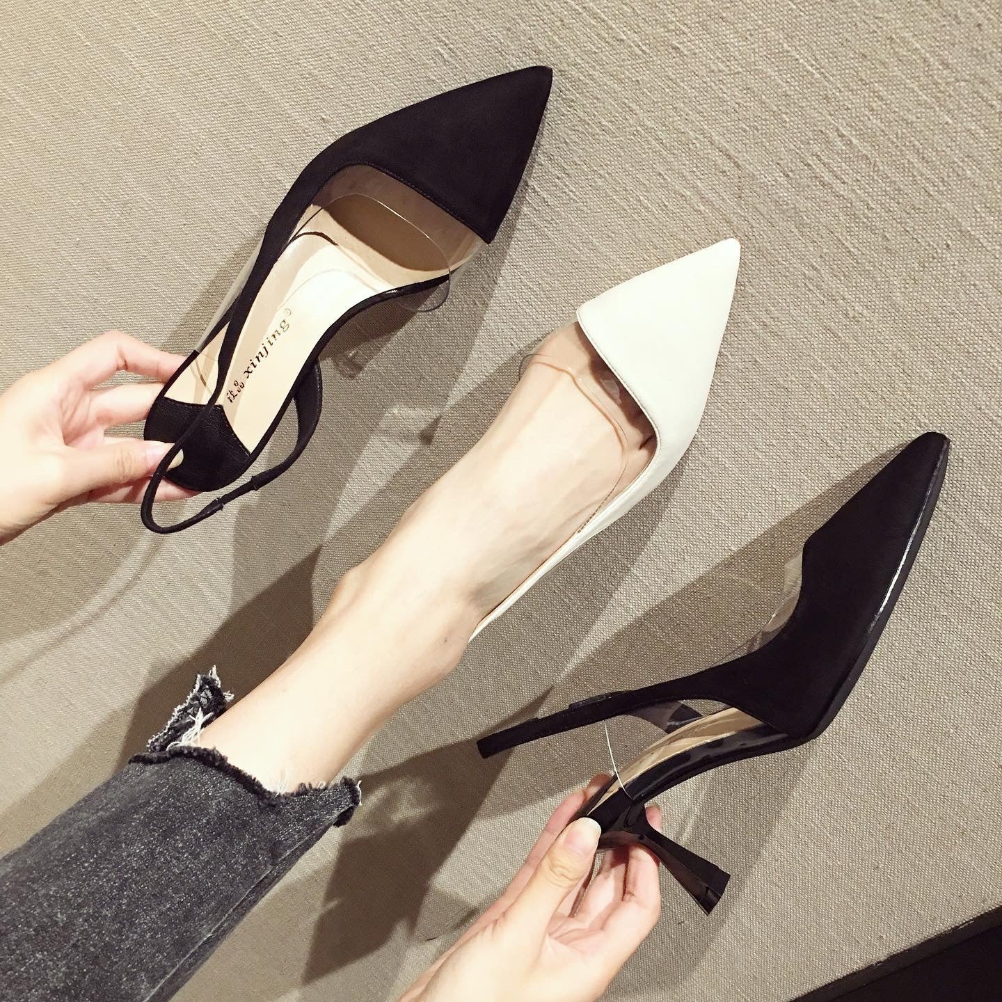 398-5 Simple stiletto shallow mouth bag-toe women's shoes new French style air transparent sandals pointed toe high heels 