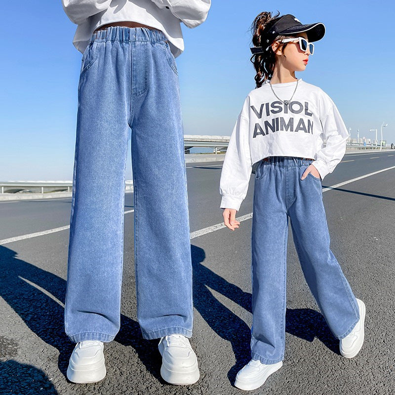 Girls straight jeans spring and autumn style foreign style little girl medium and big children autumn casual loose children's clothing wide-leg pants 