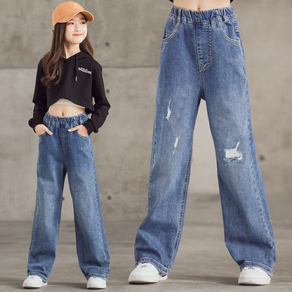 Girls straight jeans spring and autumn style foreign style little girl medium and big children autumn casual loose children's clothing wide-leg pants 