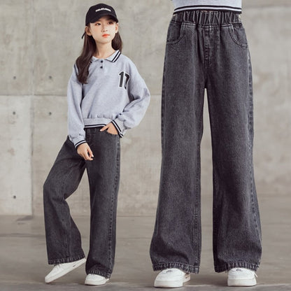 Girls straight jeans spring and autumn style foreign style little girl medium and big children autumn casual loose children's clothing wide-leg pants 