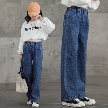 Girls straight jeans spring and autumn style foreign style little girl medium and big children autumn casual loose children's clothing wide-leg pants 