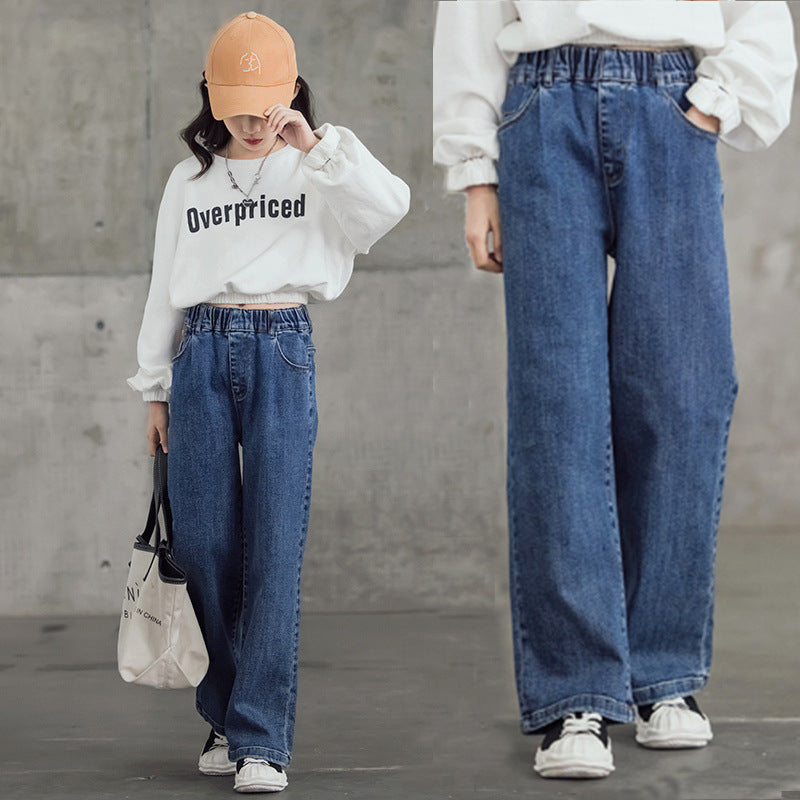 Girls straight jeans spring and autumn style foreign style little girl medium and big children autumn casual loose children's clothing wide-leg pants 