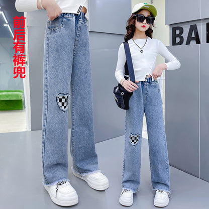 Girls straight jeans spring and autumn style foreign style little girl medium and big children autumn casual loose children's clothing wide-leg pants 