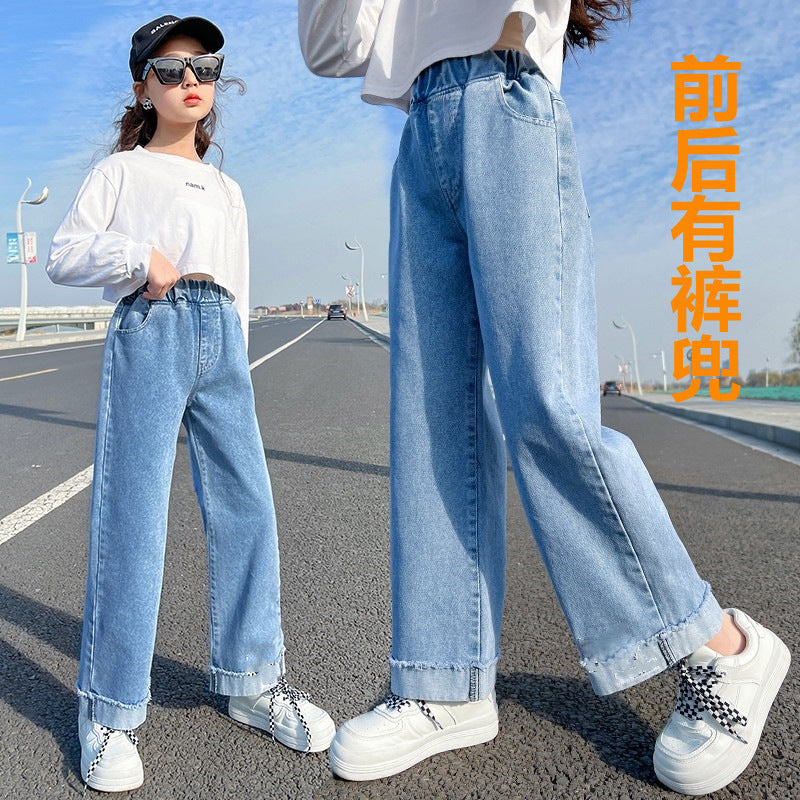 Girls straight jeans spring and autumn style foreign style little girl medium and big children autumn casual loose children's clothing wide-leg pants 