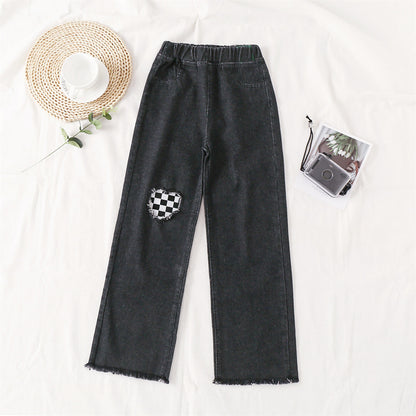 Girls straight jeans spring and autumn style foreign style little girl medium and big children autumn casual loose children's clothing wide-leg pants 