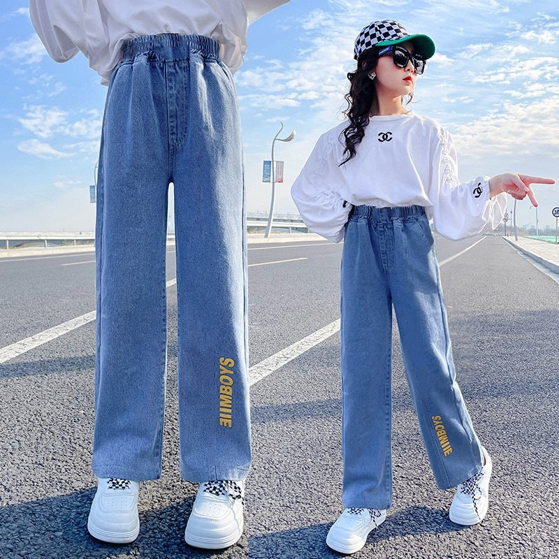 Girls straight jeans spring and autumn style foreign style little girl medium and big children autumn casual loose children's clothing wide-leg pants 