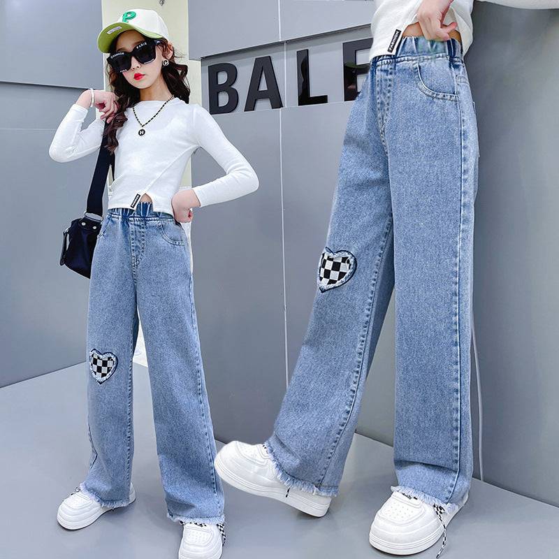 Girls straight jeans spring and autumn style foreign style little girl medium and big children autumn casual loose children's clothing wide-leg pants 