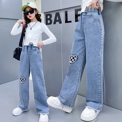 Girls straight jeans spring and autumn style foreign style little girl medium and big children autumn casual loose children's clothing wide-leg pants 