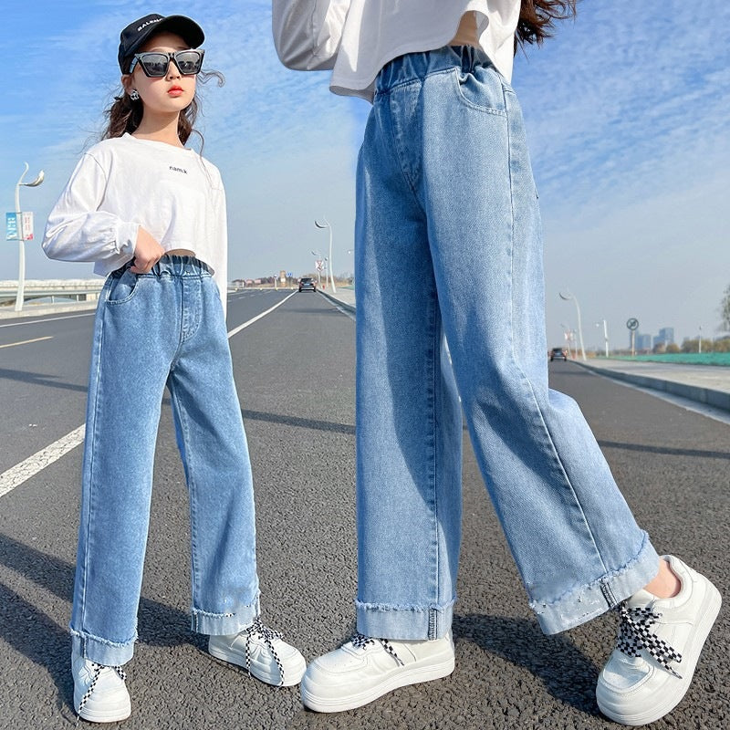 Girls straight jeans spring and autumn style foreign style little girl medium and big children autumn casual loose children's clothing wide-leg pants 