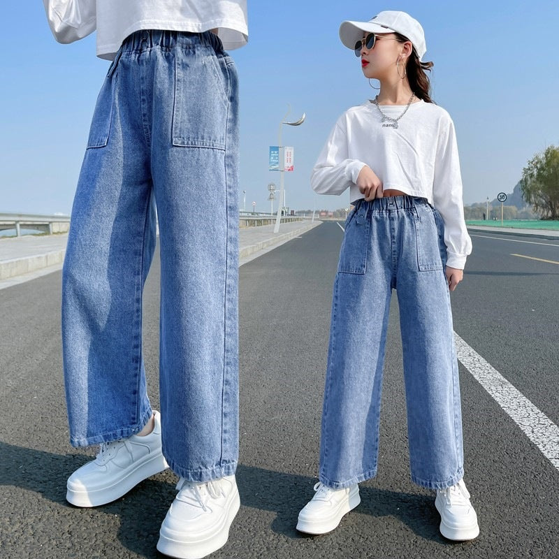 Girls straight jeans spring and autumn style foreign style little girl medium and big children autumn casual loose children's clothing wide-leg pants 