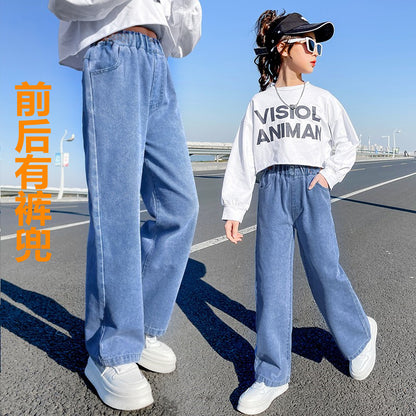 Girls straight jeans spring and autumn style foreign style little girl medium and big children autumn casual loose children's clothing wide-leg pants 