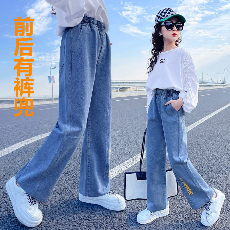 Girls straight jeans spring and autumn style foreign style little girl medium and big children autumn casual loose children's clothing wide-leg pants 