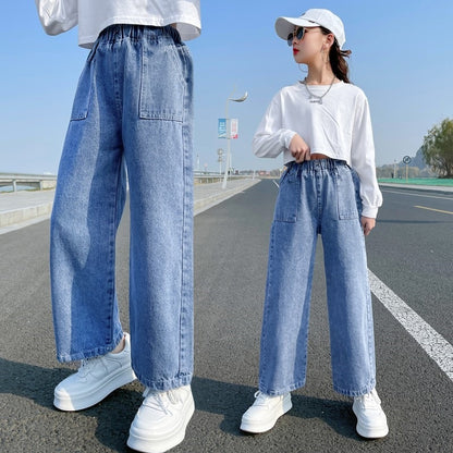 Girls straight jeans spring and autumn style foreign style little girl medium and big children autumn casual loose children's clothing wide-leg pants 