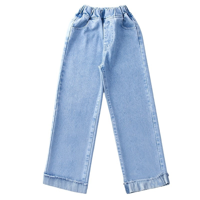 Girls straight jeans spring and autumn style foreign style little girl medium and big children autumn casual loose children's clothing wide-leg pants 